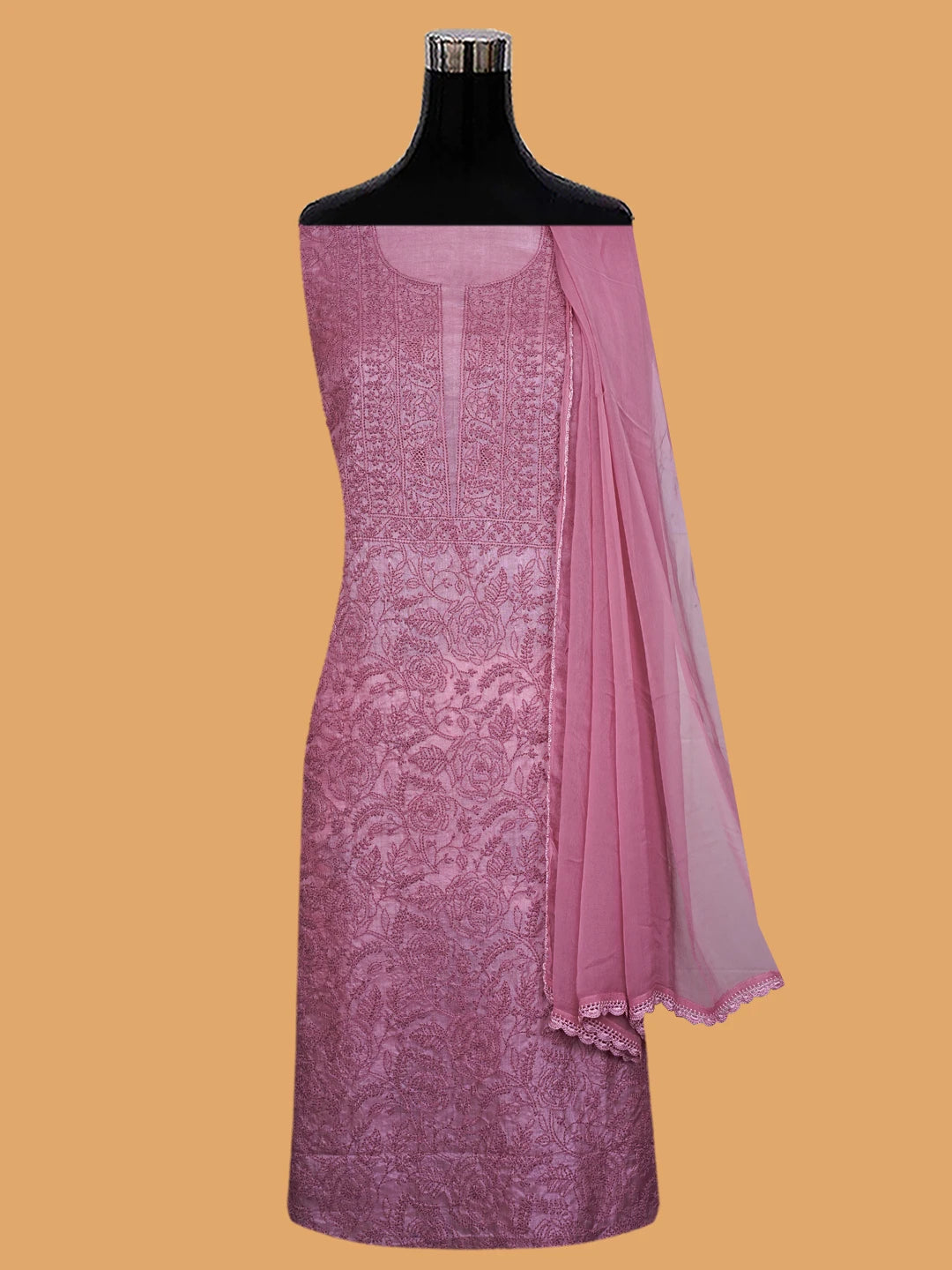 Ada Hand Embroidered Onion Pink Silk Lucknowi Chikankari Unstitched Suit Piece 01A702993