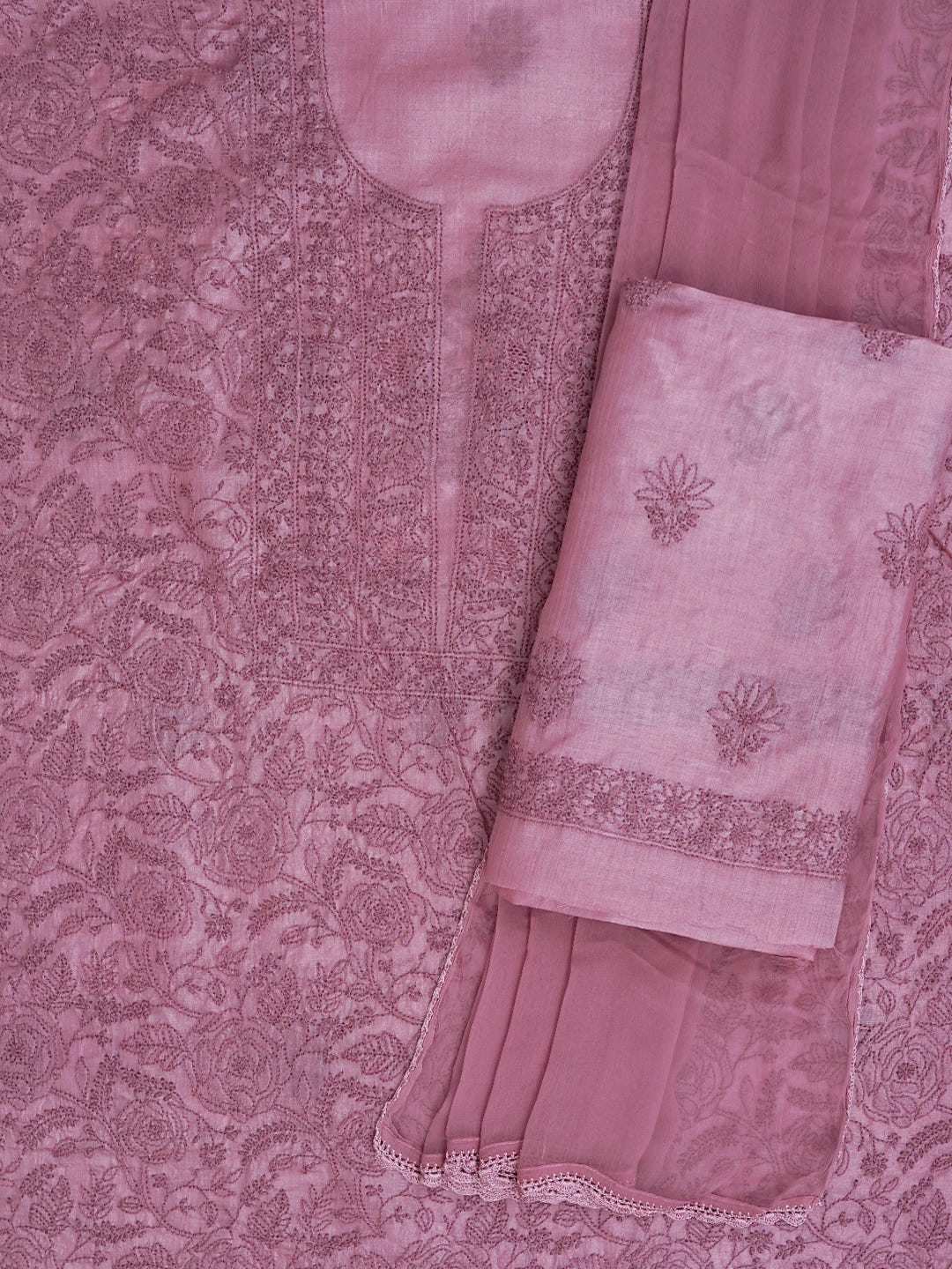 Ada Hand Embroidered Onion Pink Silk Lucknowi Chikankari Unstitched Suit Piece 01A702993