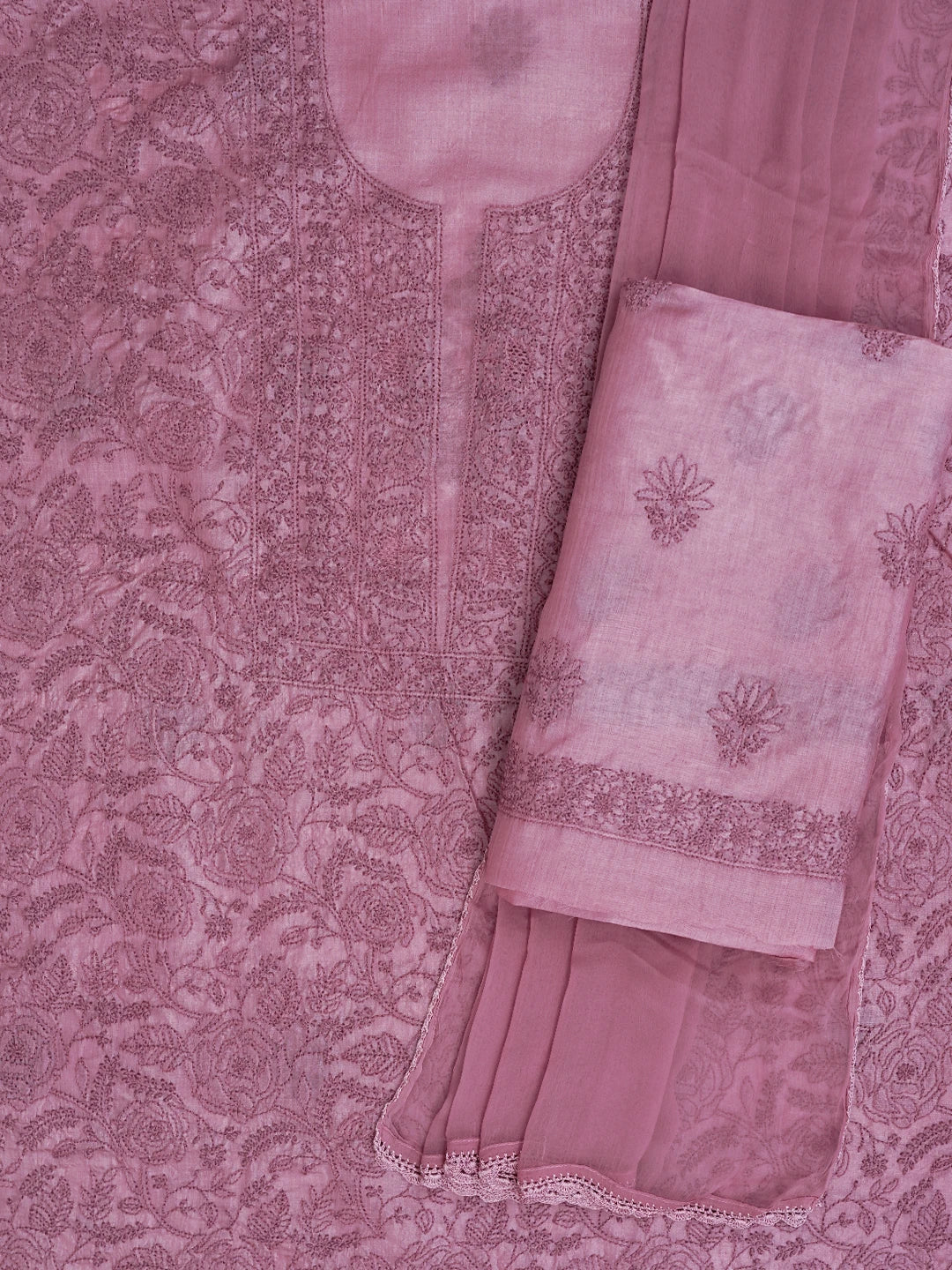 Ada Hand Embroidered Onion Pink Silk Lucknowi Chikankari Unstitched Suit Piece 01A702993