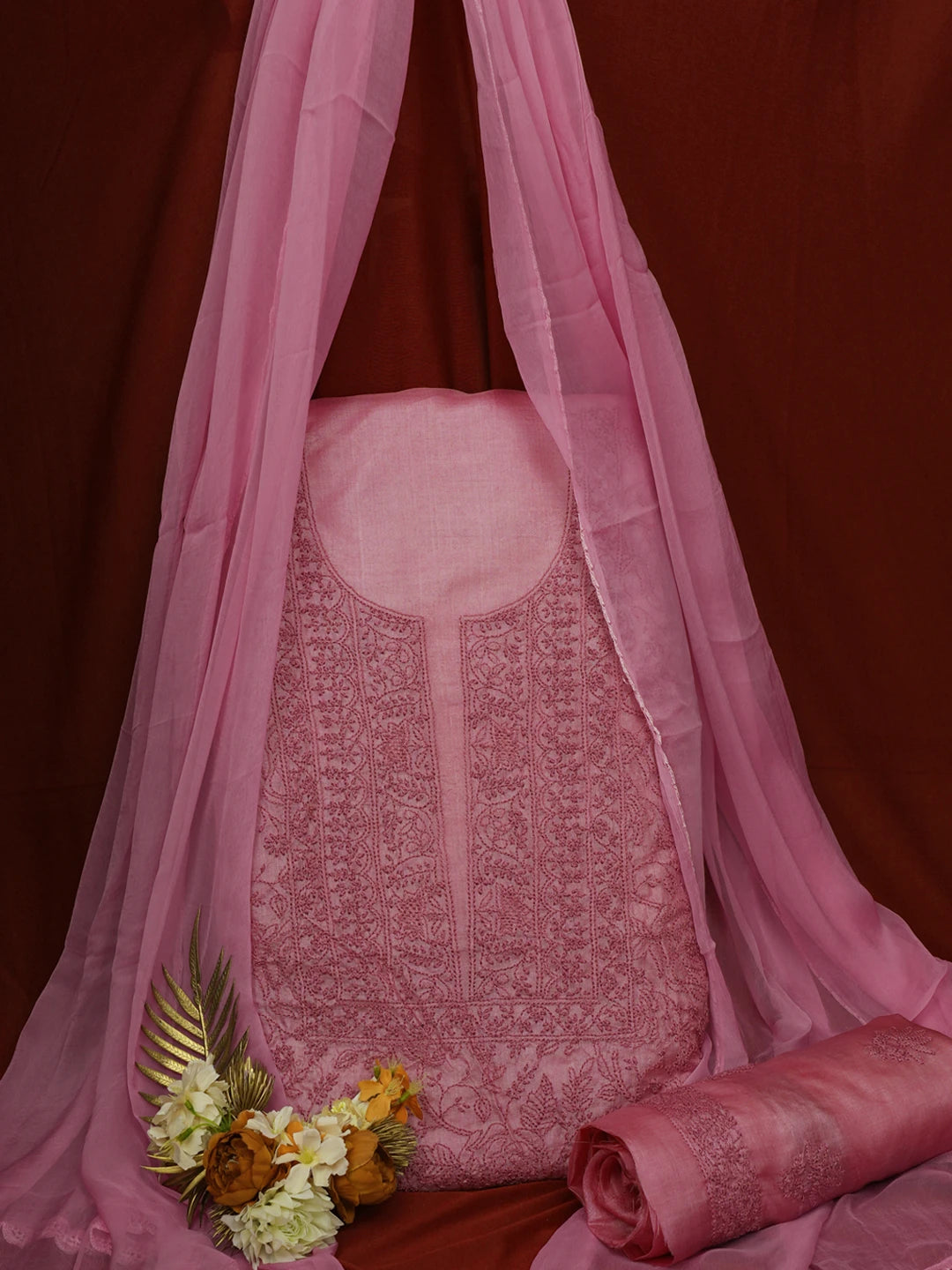 Ada Hand Embroidered Onion Pink Silk Lucknowi Chikankari Unstitched Suit Piece 01A702993
