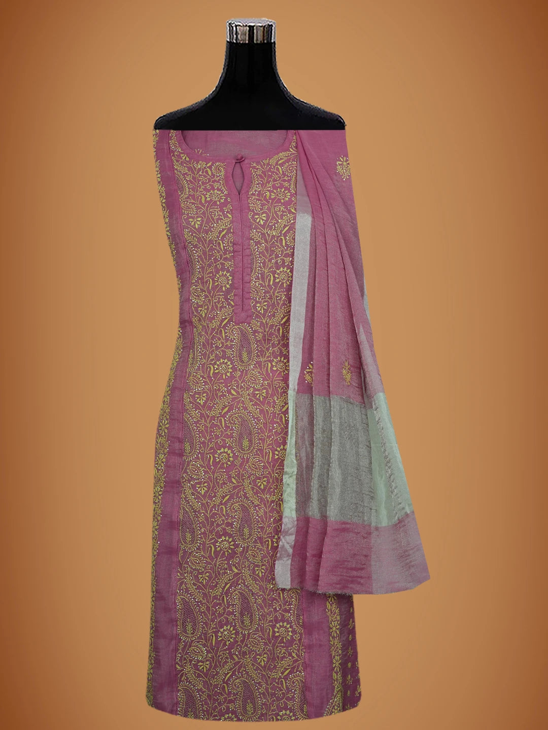 Ada Hand Embroidered Onion Pink Tissue Lucknowi Chikankari Semi-Stitched Kurta Dupatta Set With Mukaish Work 01A702586