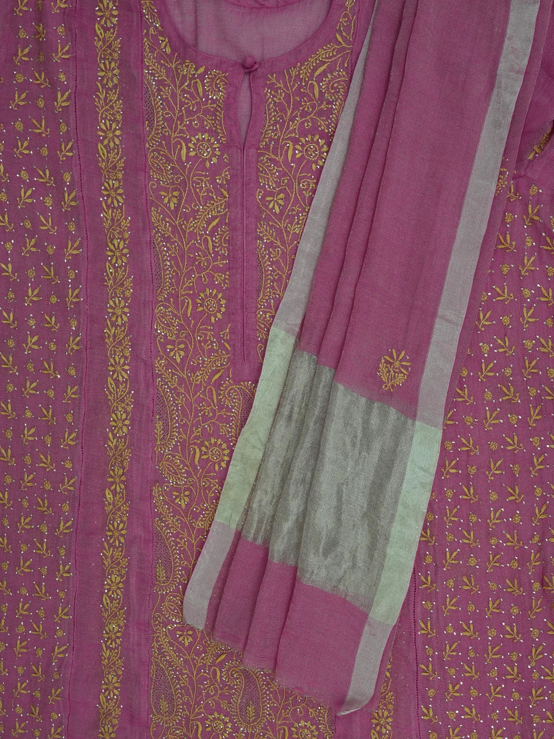 Ada Hand Embroidered Onion Pink Tissue Lucknowi Chikankari Semi-Stitched Kurta Dupatta Set With Mukaish Work 01A702586