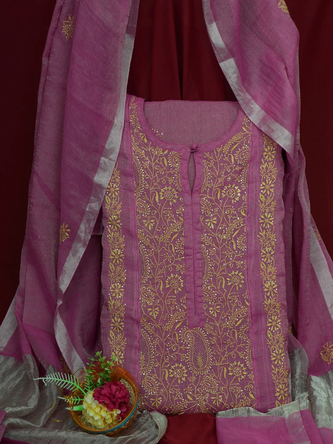 Ada Hand Embroidered Onion Pink Tissue Lucknowi Chikankari Semi-Stitched Kurta Dupatta Set With Mukaish Work 01A702586