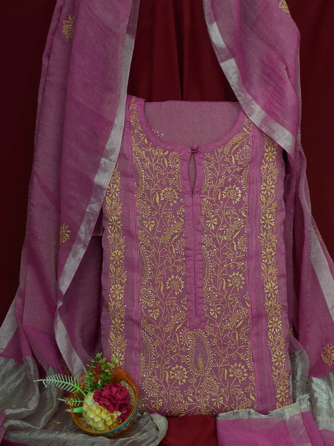 Ada Hand Embroidered Onion Pink Tissue Lucknowi Chikankari Semi-Stitched Kurta Dupatta Set With Mukaish Work 01A702586