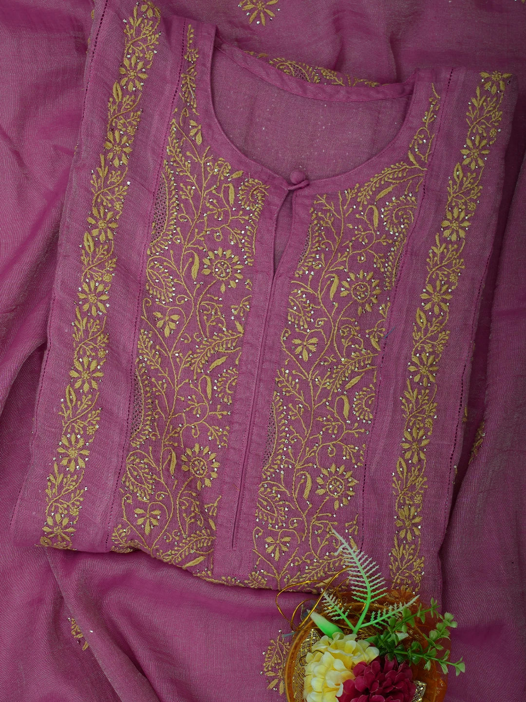 Ada Hand Embroidered Onion Pink Tissue Lucknowi Chikankari Semi-Stitched Kurta Dupatta Set With Mukaish Work 01A702586