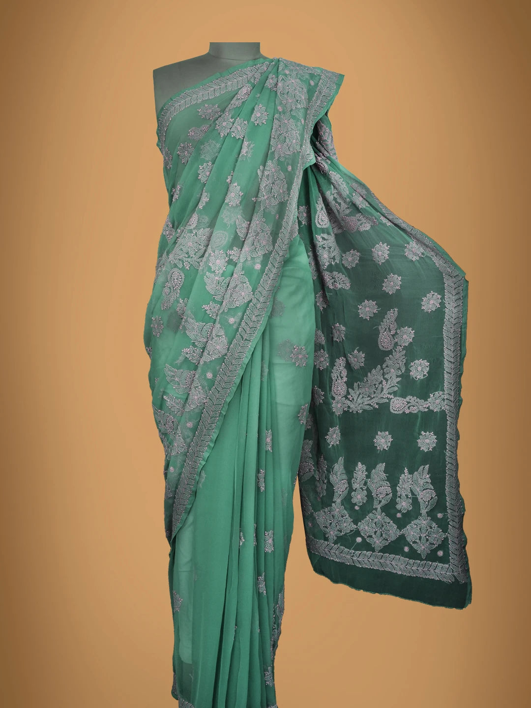 Ada Hand Embroidered Viridian Green Georgette Lucknowi Chikankari Saree With Blouse 01A703199