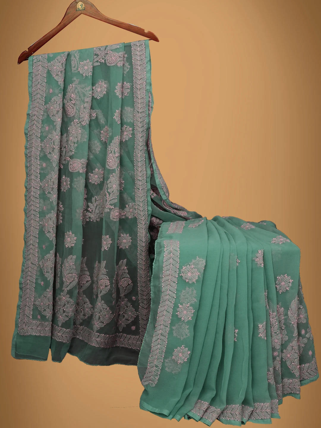Ada Hand Embroidered Viridian Green Georgette Lucknowi Chikankari Saree With Blouse 01A703199