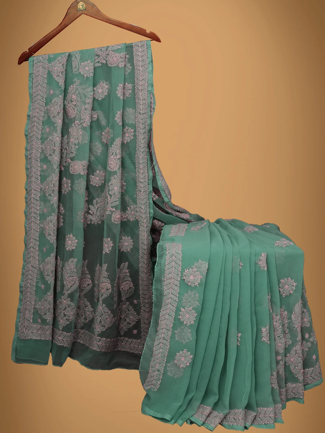 Ada Hand Embroidered Viridian Green Georgette Lucknowi Chikankari Saree With Blouse 01A703199