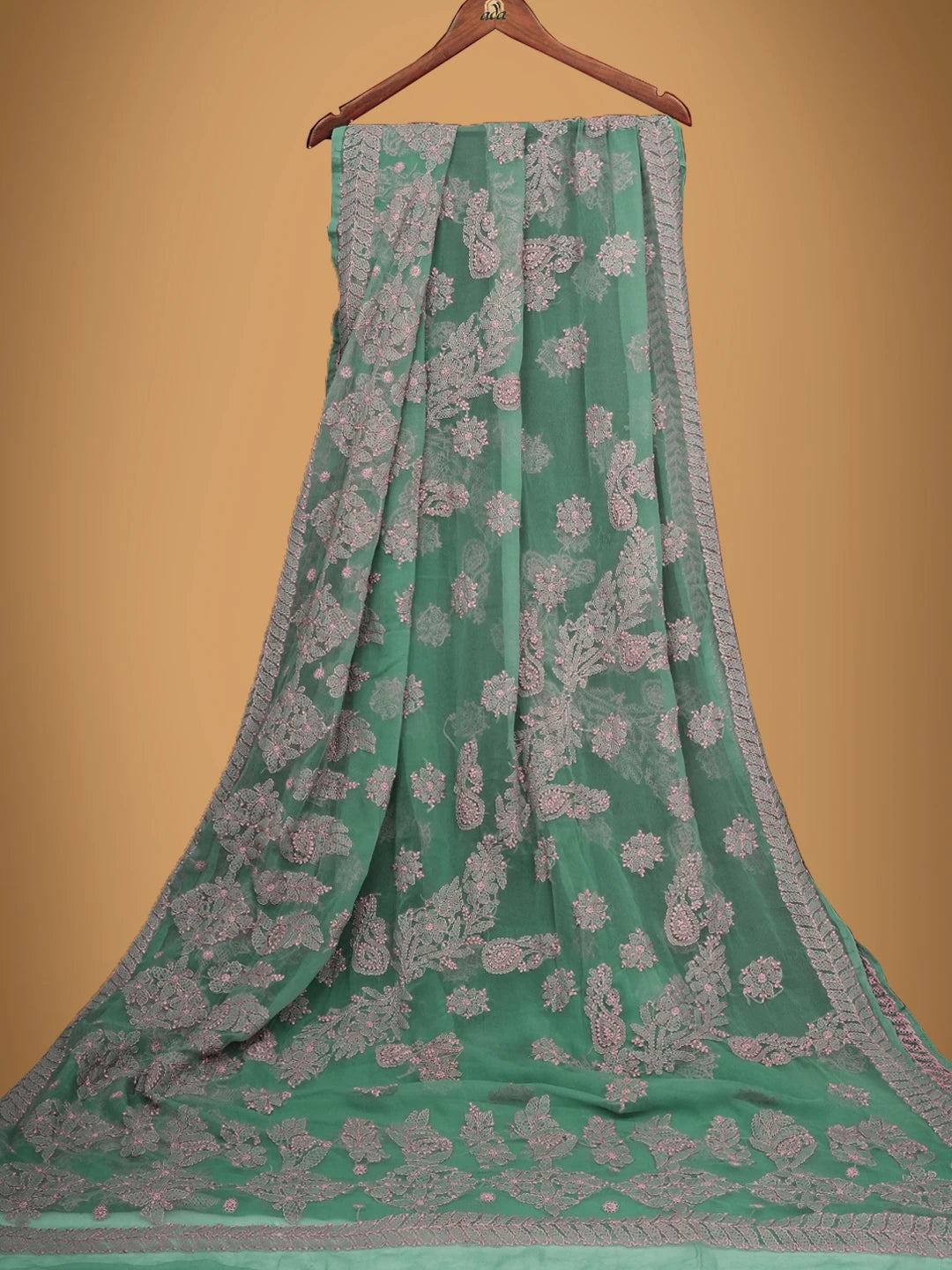 Ada Hand Embroidered Viridian Green Georgette Lucknowi Chikankari Saree With Blouse 01A703199