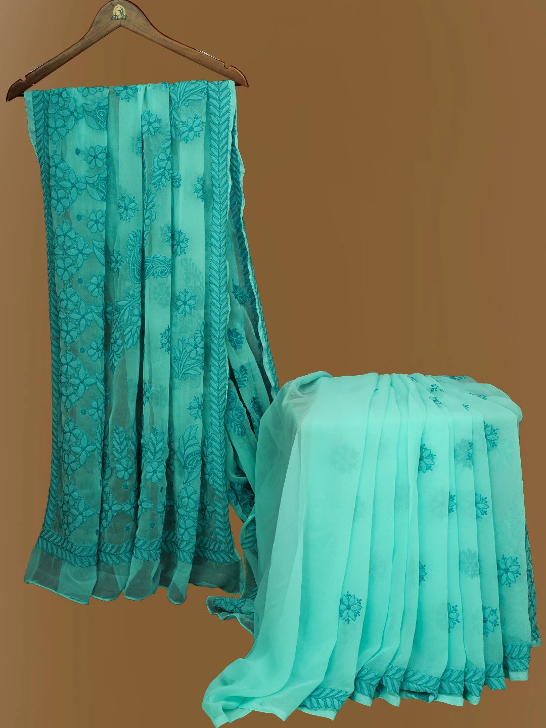 Ada Hand Embroidered Cerulean Blue Georgette Lucknowi Chikankari Saree With Blouse 01A703203