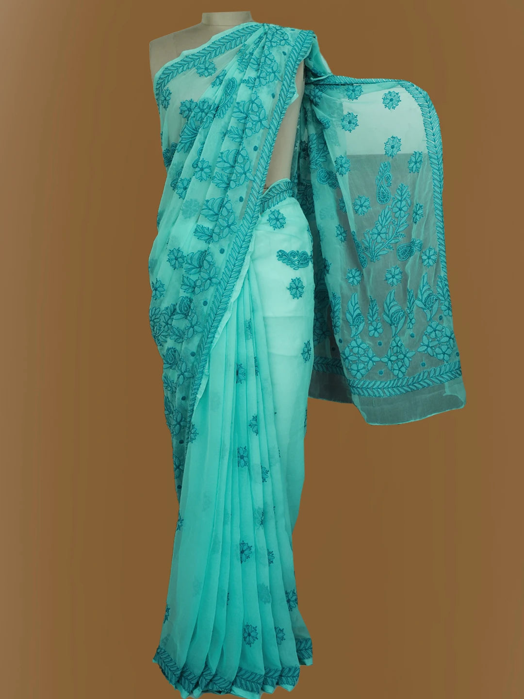 Ada Hand Embroidered Cerulean Blue Georgette Lucknowi Chikankari Saree With Blouse 01A703203