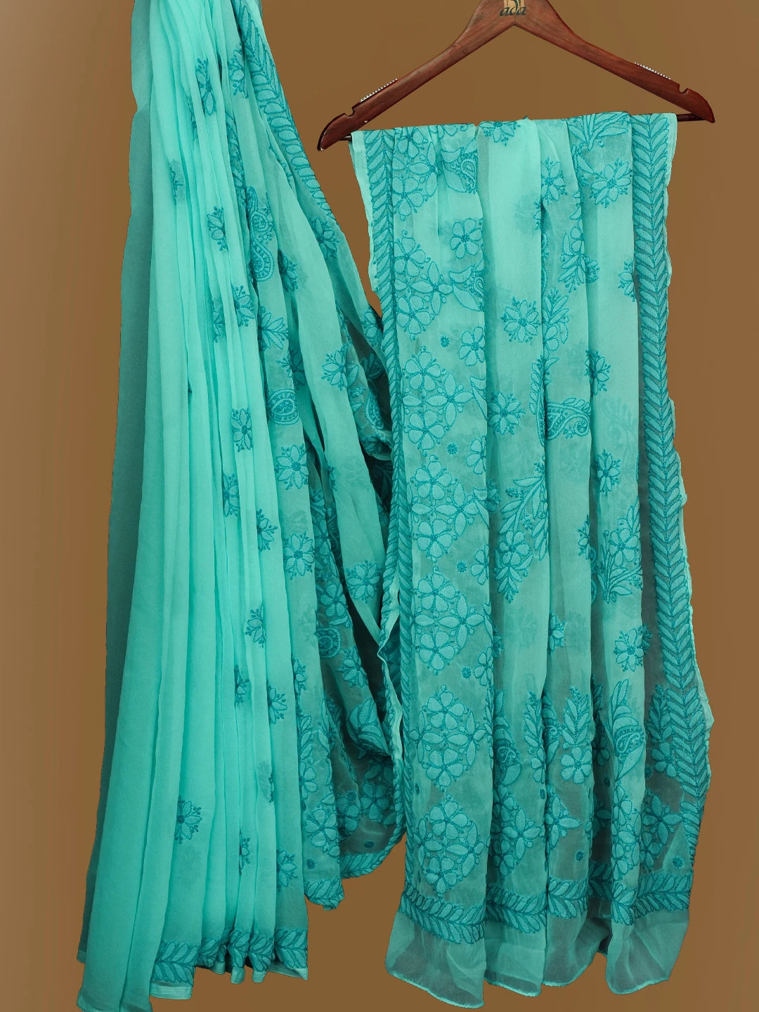 Ada Hand Embroidered Cerulean Blue Georgette Lucknowi Chikankari Saree With Blouse 01A703203