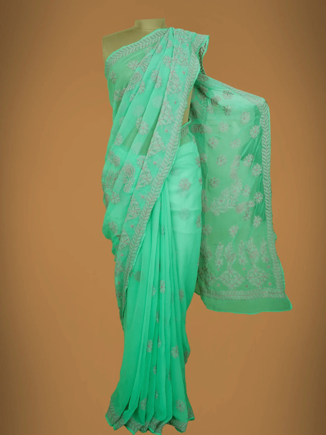 Ada Hand Embroidered Sea Green Georgette Lucknowi Chikankari Saree With Blouse 01A703197
