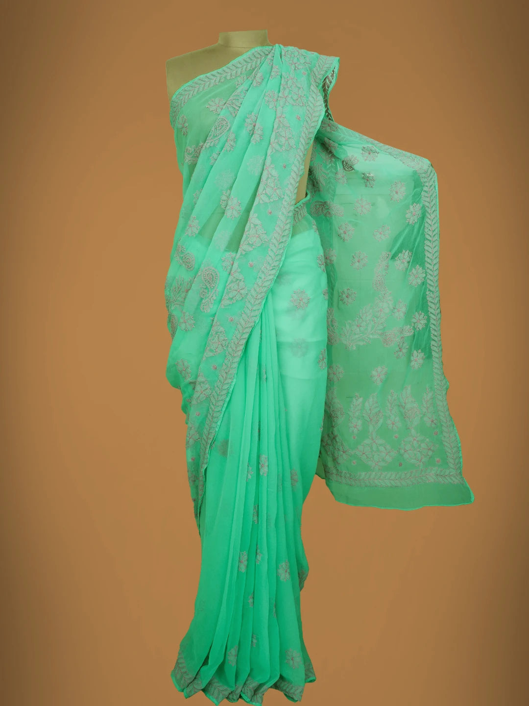 Ada Hand Embroidered Sea Green Georgette Lucknowi Chikankari Saree With Blouse 01A703197