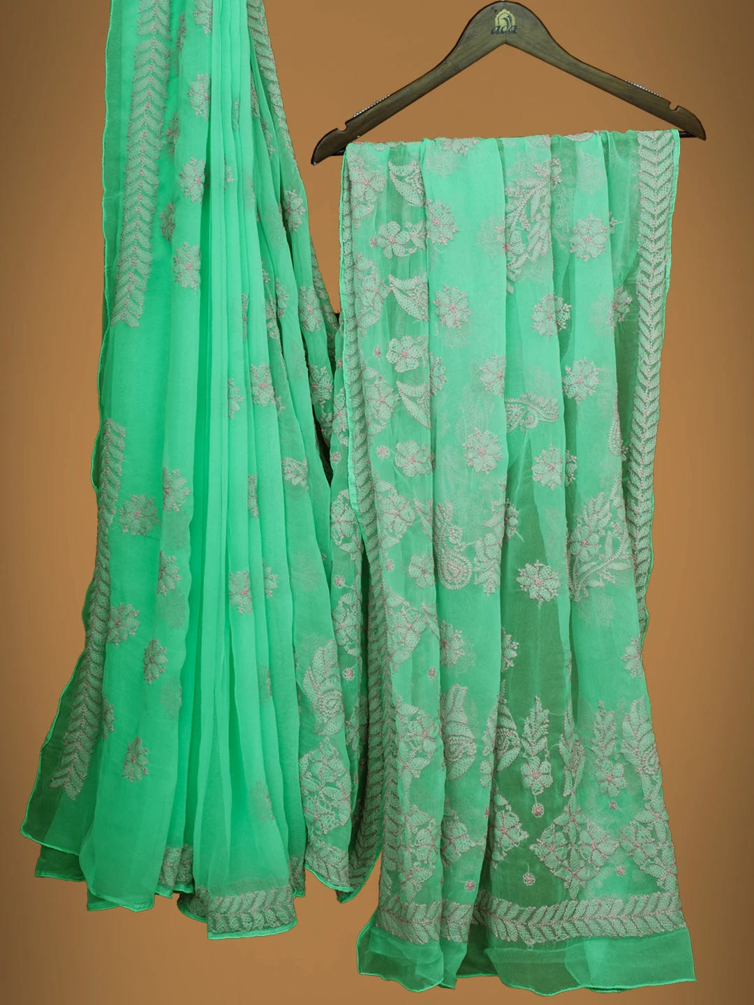 Ada Hand Embroidered Sea Green Georgette Lucknowi Chikankari Saree With Blouse 01A703197