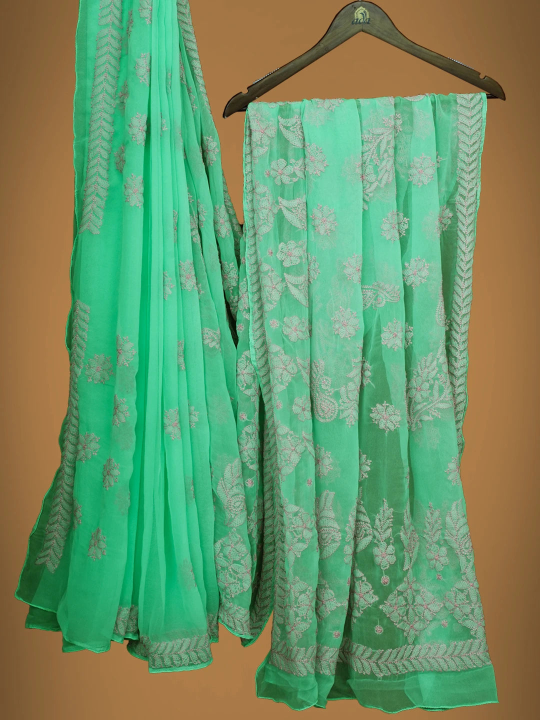 Ada Hand Embroidered Sea Green Georgette Lucknowi Chikankari Saree With Blouse 01A703197