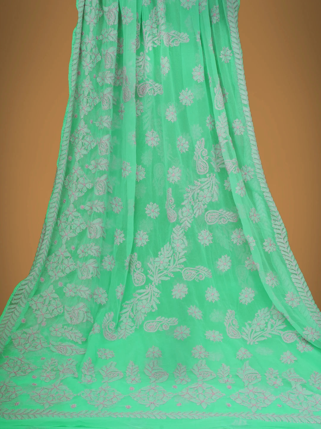 Ada Hand Embroidered Sea Green Georgette Lucknowi Chikankari Saree With Blouse 01A703197