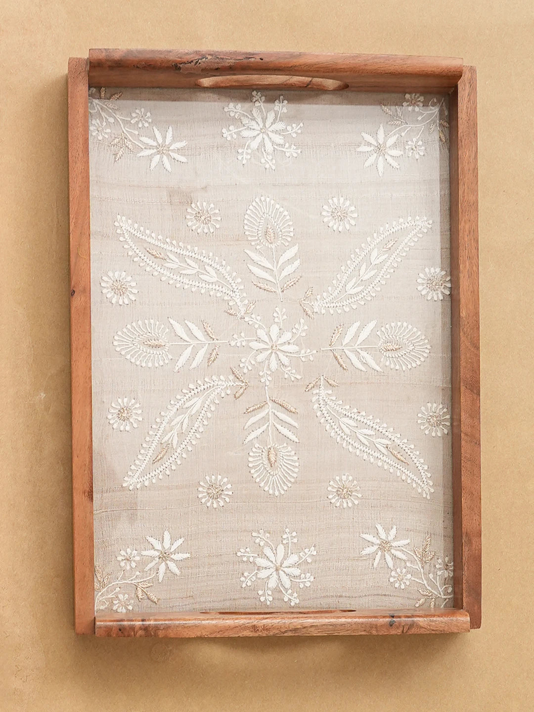 Ada Hand Embroidered Fawn Silk Lucknowi Chikankari Tray With Zari Work 01A689307