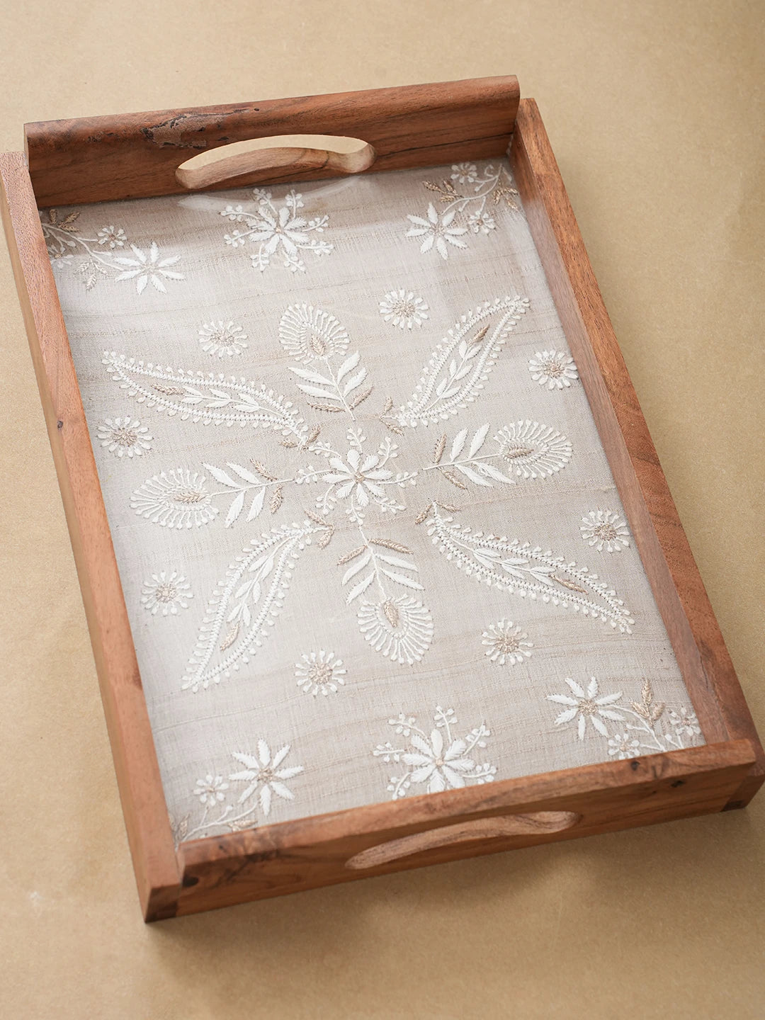 Ada Hand Embroidered Fawn Silk Lucknowi Chikankari Tray With Zari Work 01A689307