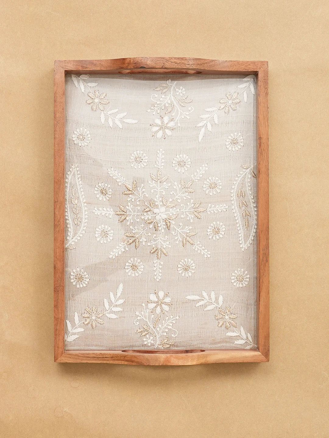 Ada Hand Embroidered Fawn Silk Lucknowi Chikankari Tray With Zari Work 01A689314