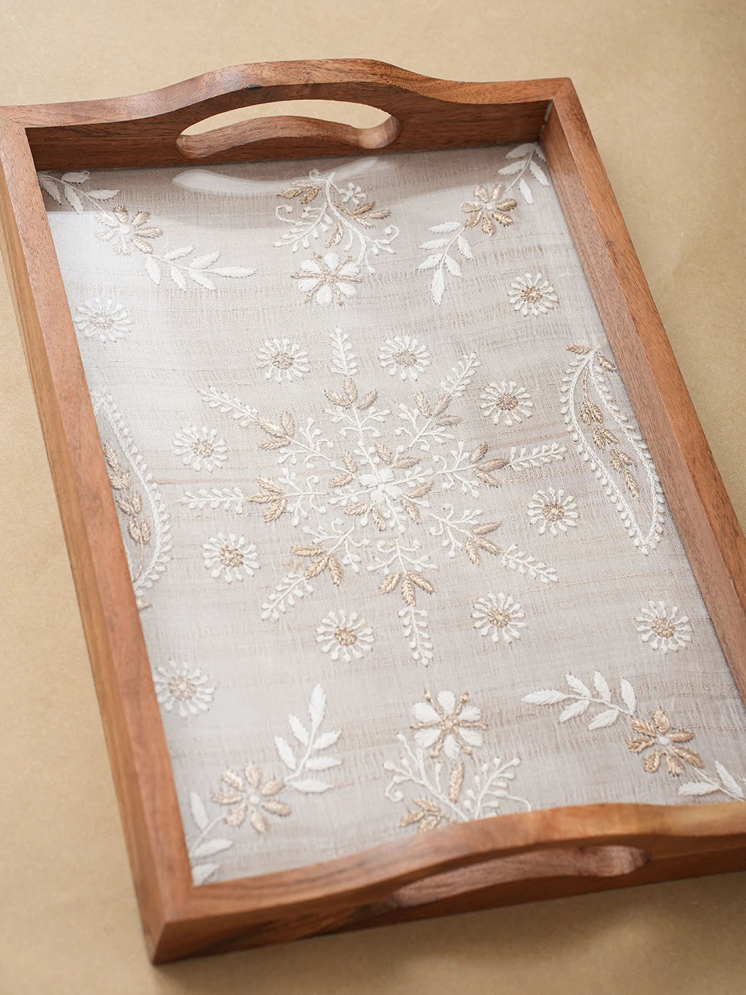 Ada Hand Embroidered Fawn Silk Lucknowi Chikankari Tray With Zari Work 01A689314