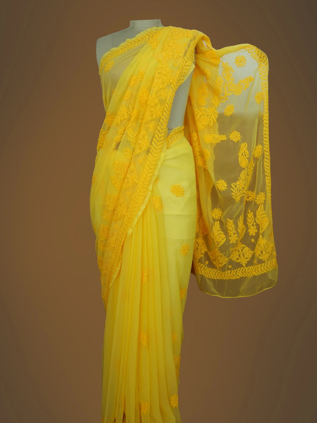 Ada Hand Embroidered Yelllow Georgette Lucknowi Chikankari Saree With Blouse 01A703204