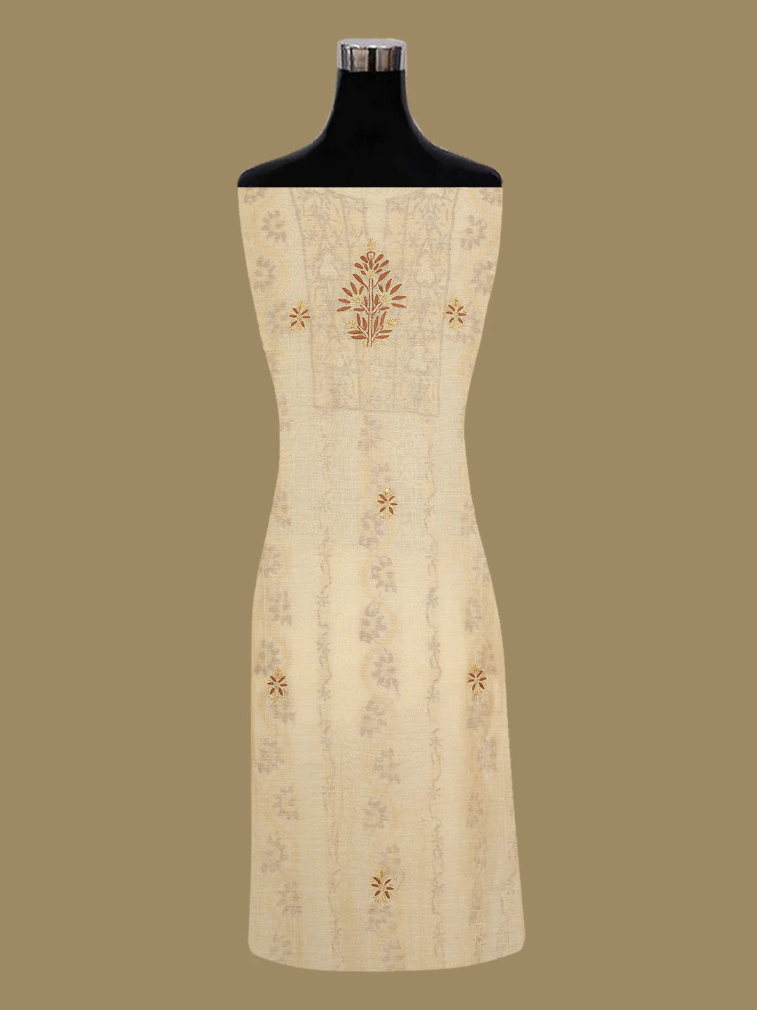 Ada Hand Embroidered Fawn Chanderi Lucknowi Chikankari Unstitched Kurta Dupatta Set With Cutdana Work 01A682709