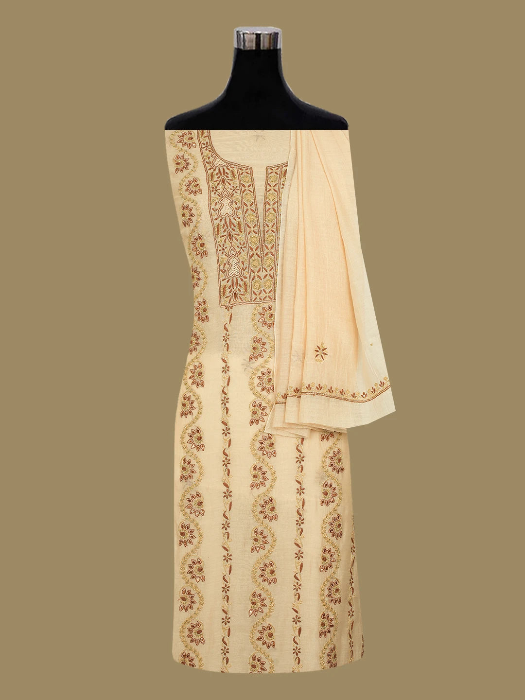 Ada Hand Embroidered Fawn Chanderi Lucknowi Chikankari Unstitched Kurta Dupatta Set With Cutdana Work 01A682709