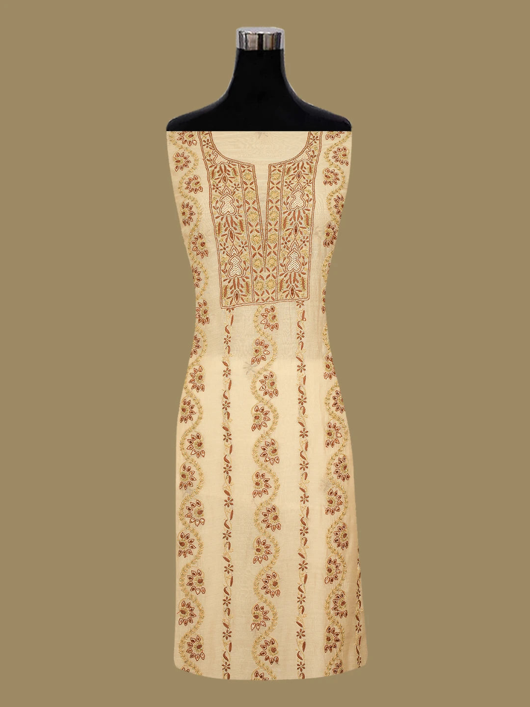 Ada Hand Embroidered Fawn Chanderi Lucknowi Chikankari Unstitched Kurta Dupatta Set With Cutdana Work 01A682709