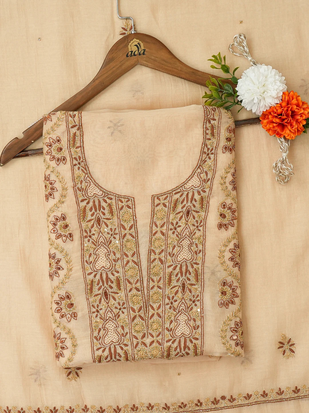 Ada Hand Embroidered Fawn Chanderi Lucknowi Chikankari Unstitched Kurta Dupatta Set With Cutdana Work 01A682709