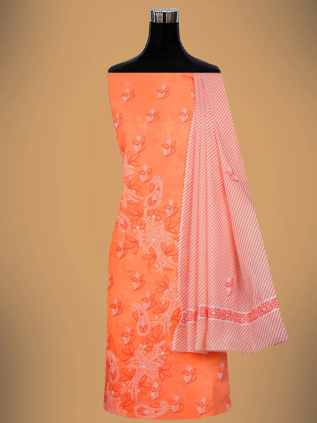 Ada Hand Embroidered Georgia Peach Cotton Lucknowi Chikankari Unstitched Suit Piece 01A705366