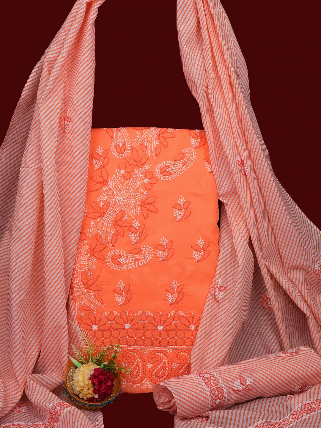 Ada Hand Embroidered Georgia Peach Cotton Lucknowi Chikankari Unstitched Suit Piece 01A705366