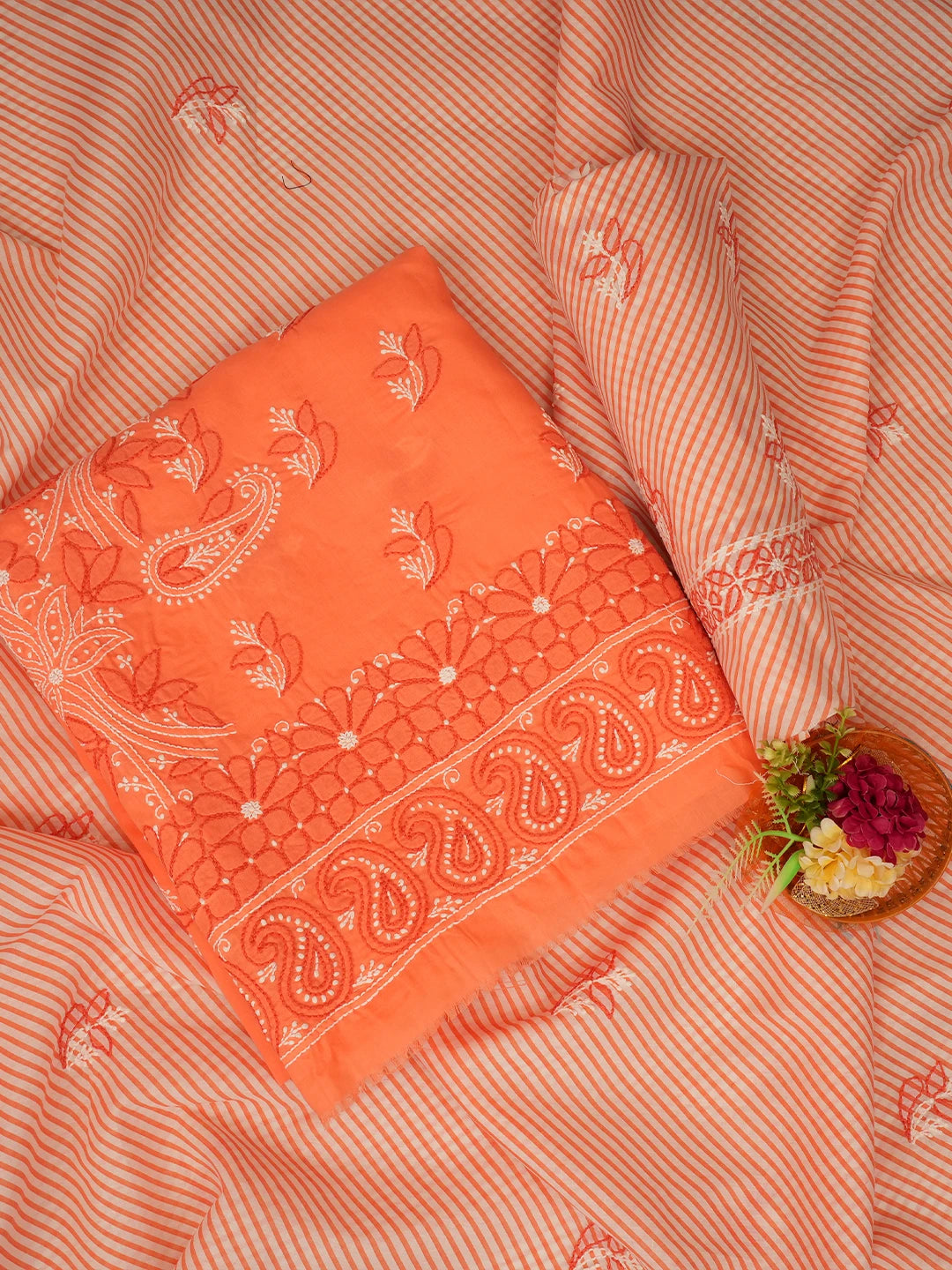 Ada Hand Embroidered Georgia Peach Cotton Lucknowi Chikankari Unstitched Suit Piece 01A705366