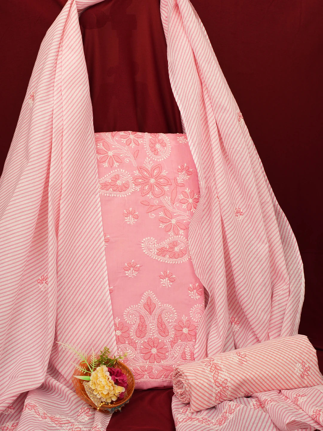 Ada Hand Embroidered Pink Cotton Lucknowi Chikankari Unstitched Suit Piece 01A705367
