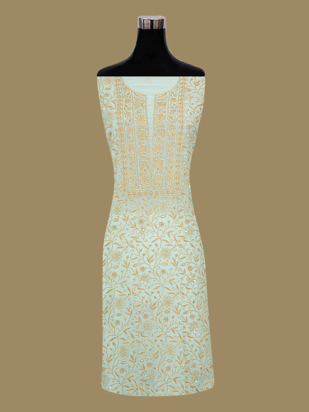 Ada Hand Embroidered Sea Green Chanderi Lucknowi Chikankari Unstitched Kurta Dupatta Set With Cutdana Work 01A685715