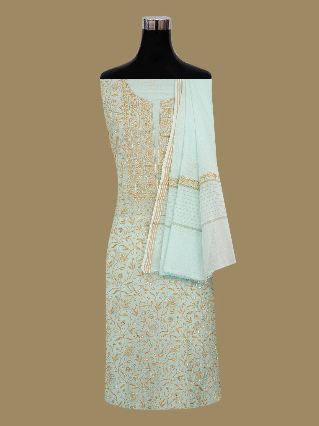 Ada Hand Embroidered Sea Green Chanderi Lucknowi Chikankari Unstitched Kurta Dupatta Set With Cutdana Work 01A685715