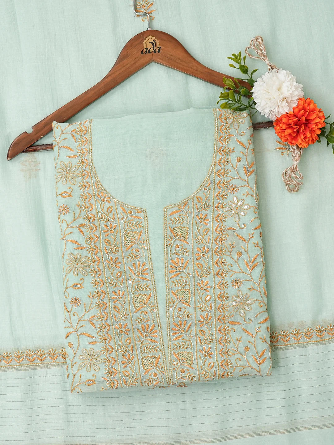 Ada Hand Embroidered Sea Green Chanderi Lucknowi Chikankari Unstitched Kurta Dupatta Set With Cutdana Work 01A685715