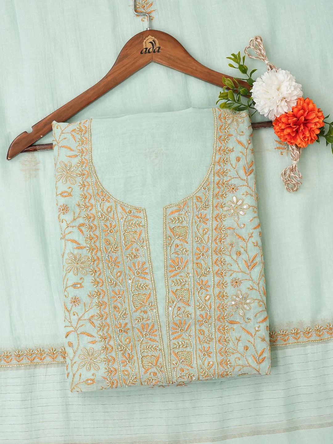 Ada Hand Embroidered Sea Green Chanderi Lucknowi Chikankari Unstitched Kurta Dupatta Set With Cutdana Work 01A685715