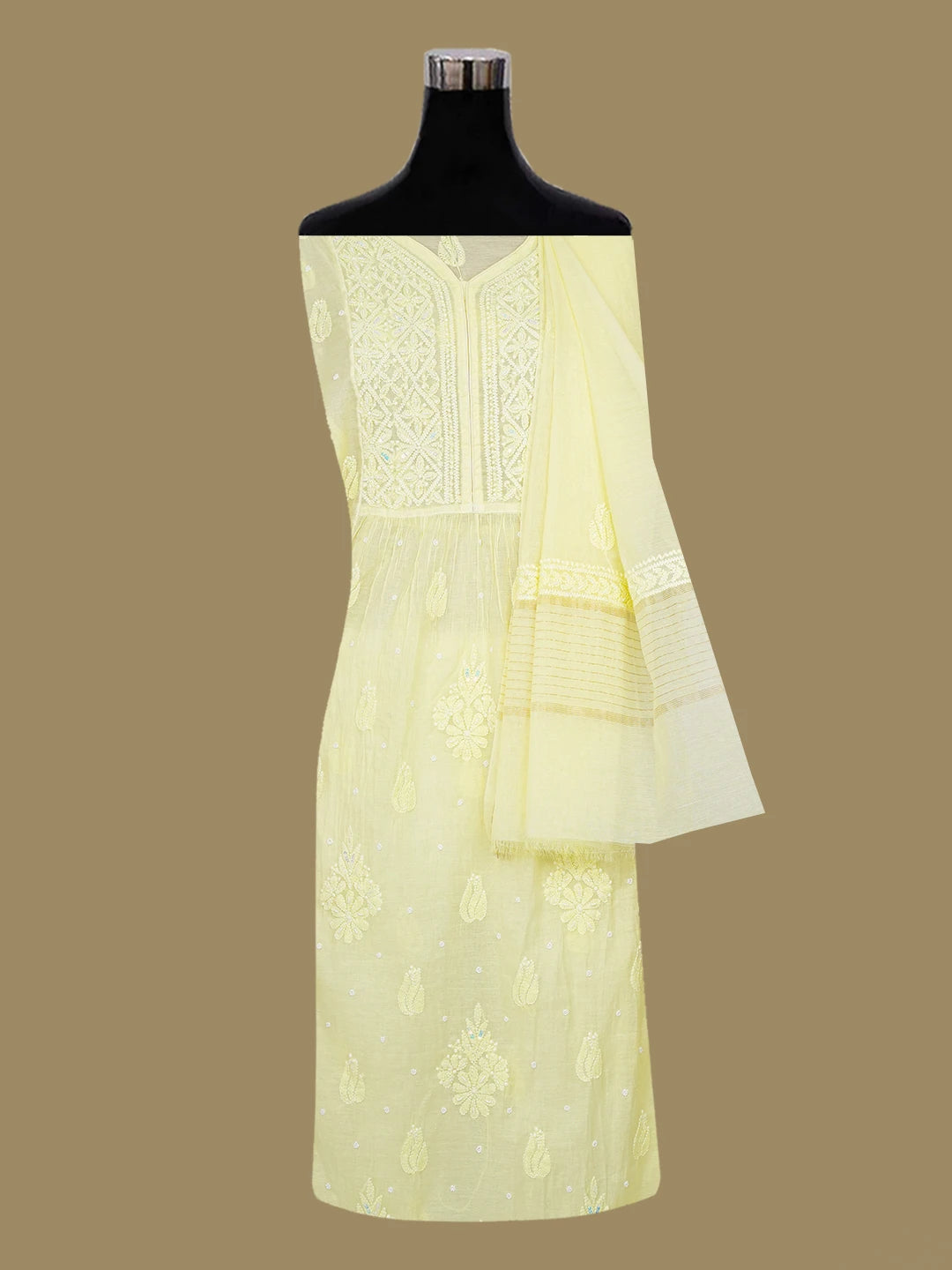 Ada Hand Embroidered Lemon Chanderi Lucknowi Chikankari Semi-stitched Kurta Dupatta Set With Sequinned Work 01A699599