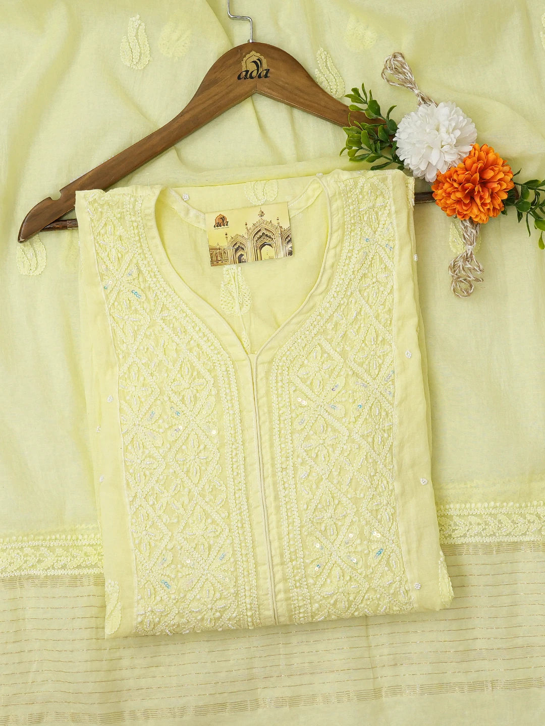 Ada Hand Embroidered Lemon Chanderi Lucknowi Chikankari Semi-stitched Kurta Dupatta Set With Sequinned Work 01A699599