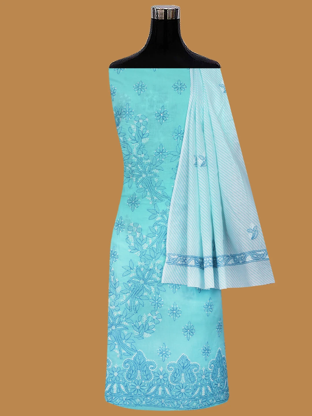 Ada Hand Embroidered Blue Cotton Lucknowi Chikankari Unstitched Suit Piece 01A705361