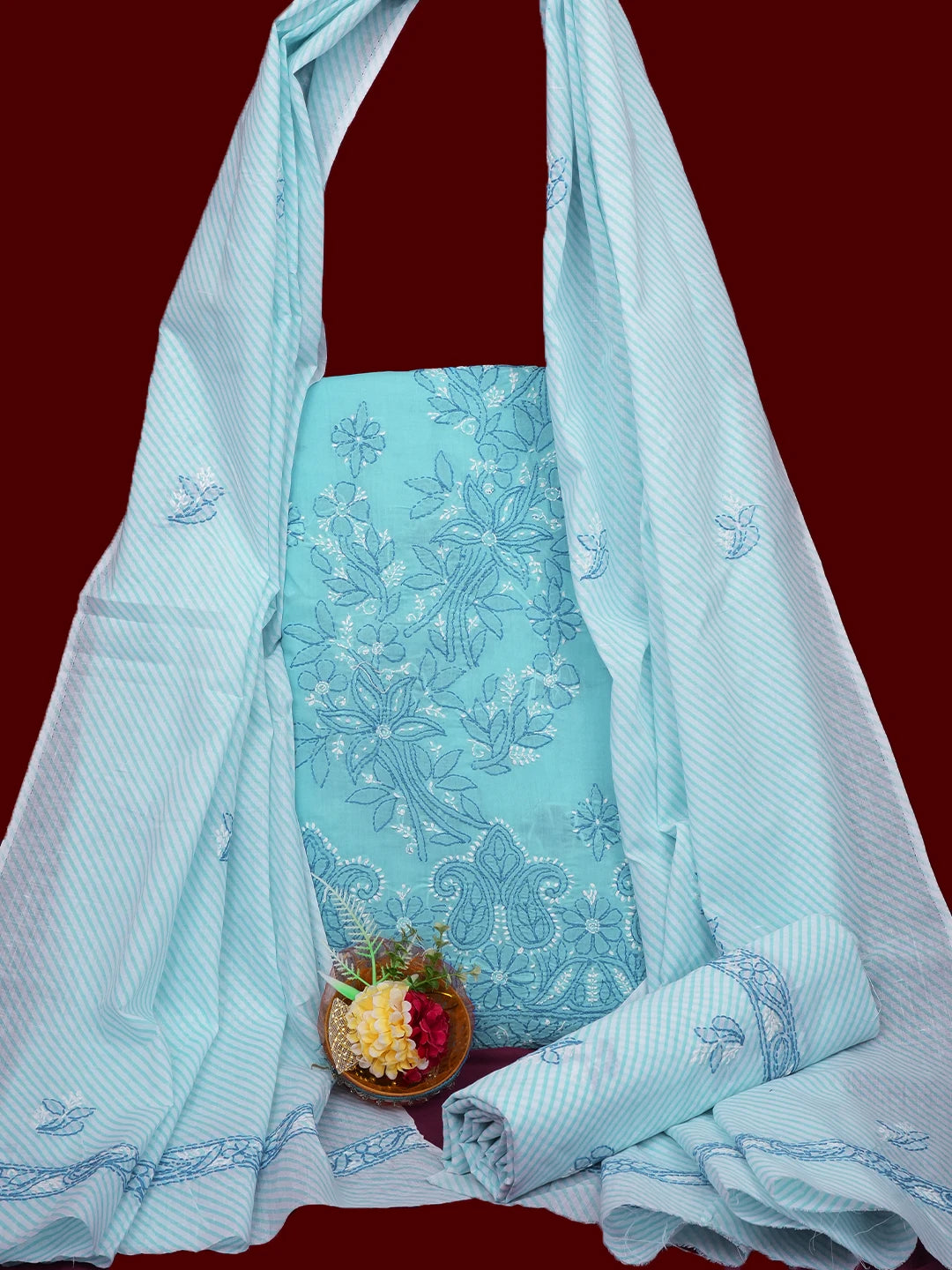 Ada Hand Embroidered Blue Cotton Lucknowi Chikankari Unstitched Suit Piece 01A705361