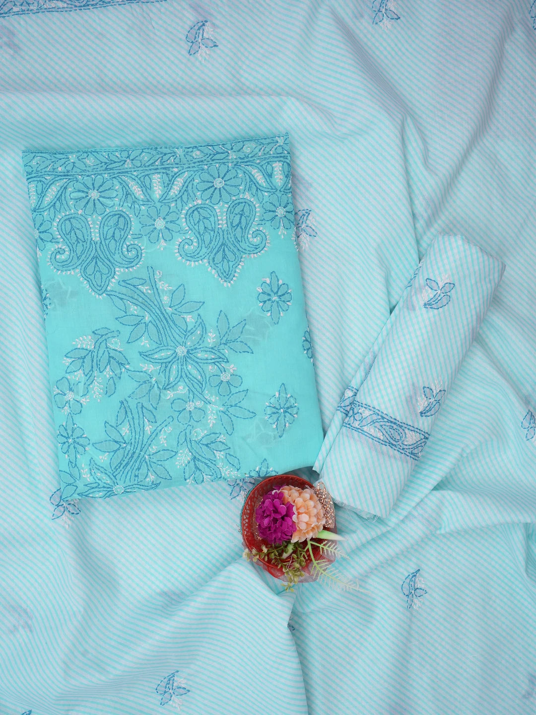 Ada Hand Embroidered Blue Cotton Lucknowi Chikankari Unstitched Suit Piece 01A705361