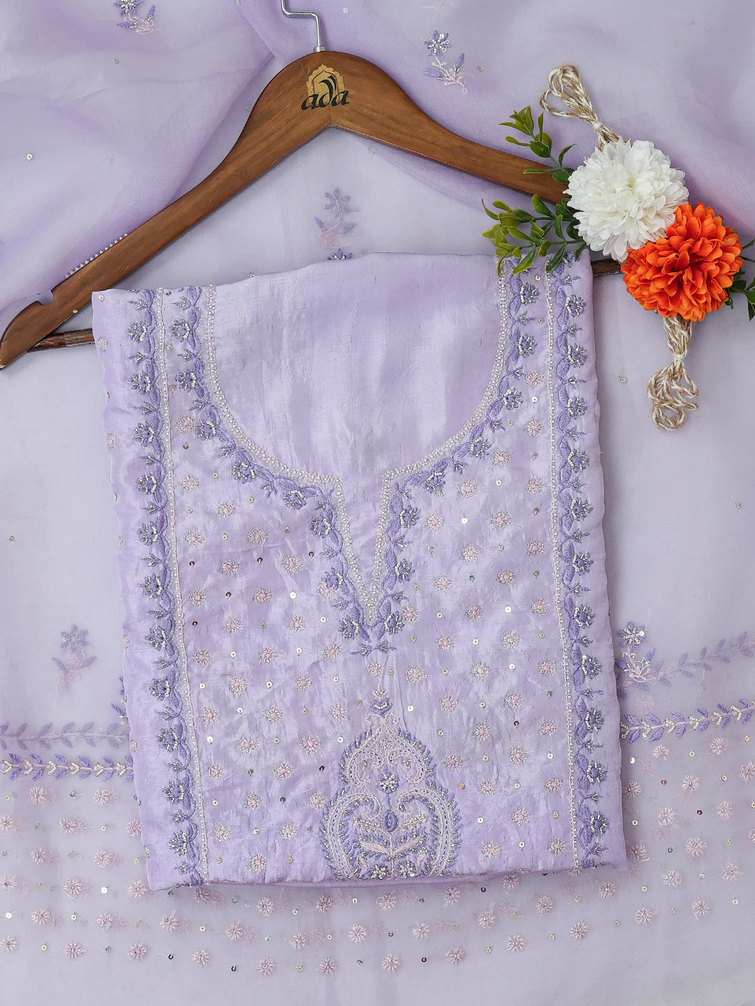 Ada Hand Embroidered Mauve Silk Lucknowi Chikankari Unstitched Kurta Dupatta Set With Zari Work 01A681759