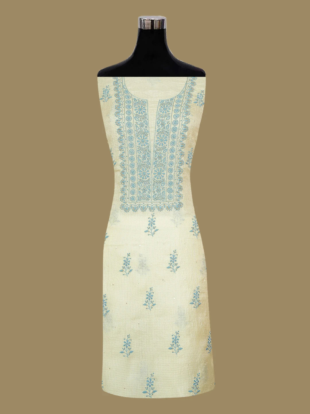 Ada Hand Embroidered Citron Yellow Kota Silk Lucknowi Chikankari Unstitched Kurta Dupatta Set With Cutdana Work 01A687518