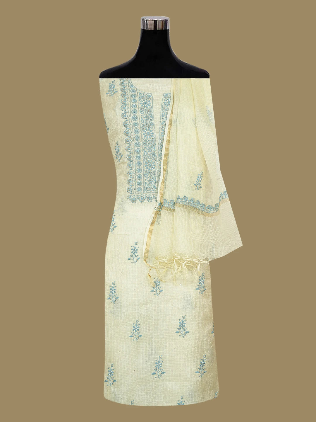 Ada Hand Embroidered Citron Yellow Kota Silk Lucknowi Chikankari Unstitched Kurta Dupatta Set With Cutdana Work 01A687518