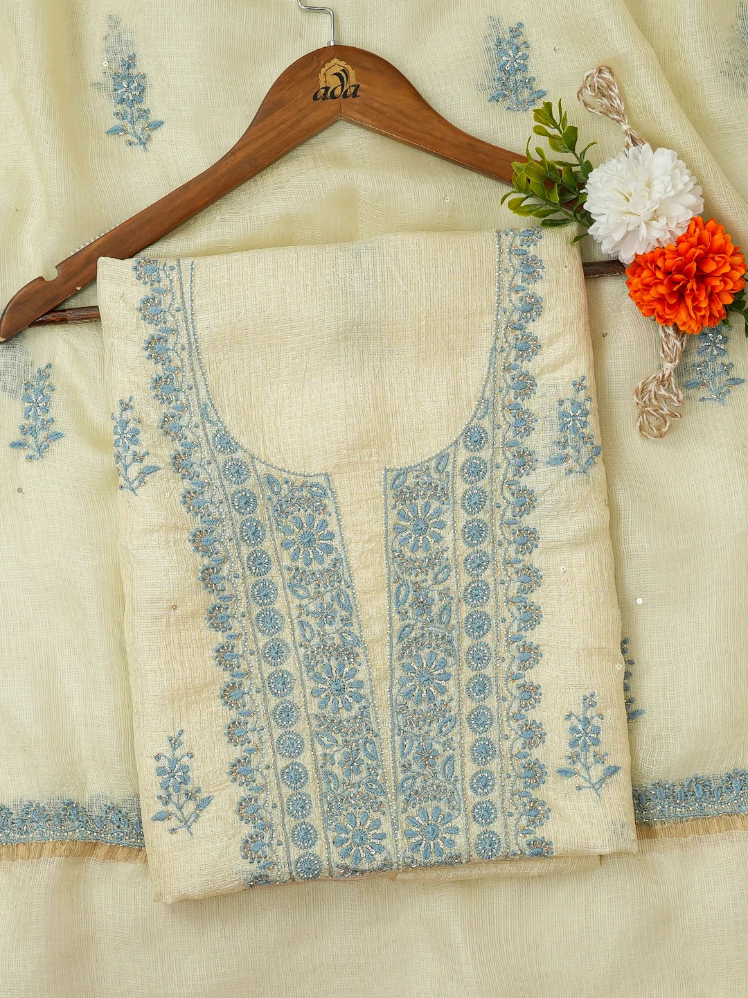 Ada Hand Embroidered Citron Yellow Kota Silk Lucknowi Chikankari Unstitched Kurta Dupatta Set With Cutdana Work 01A687518