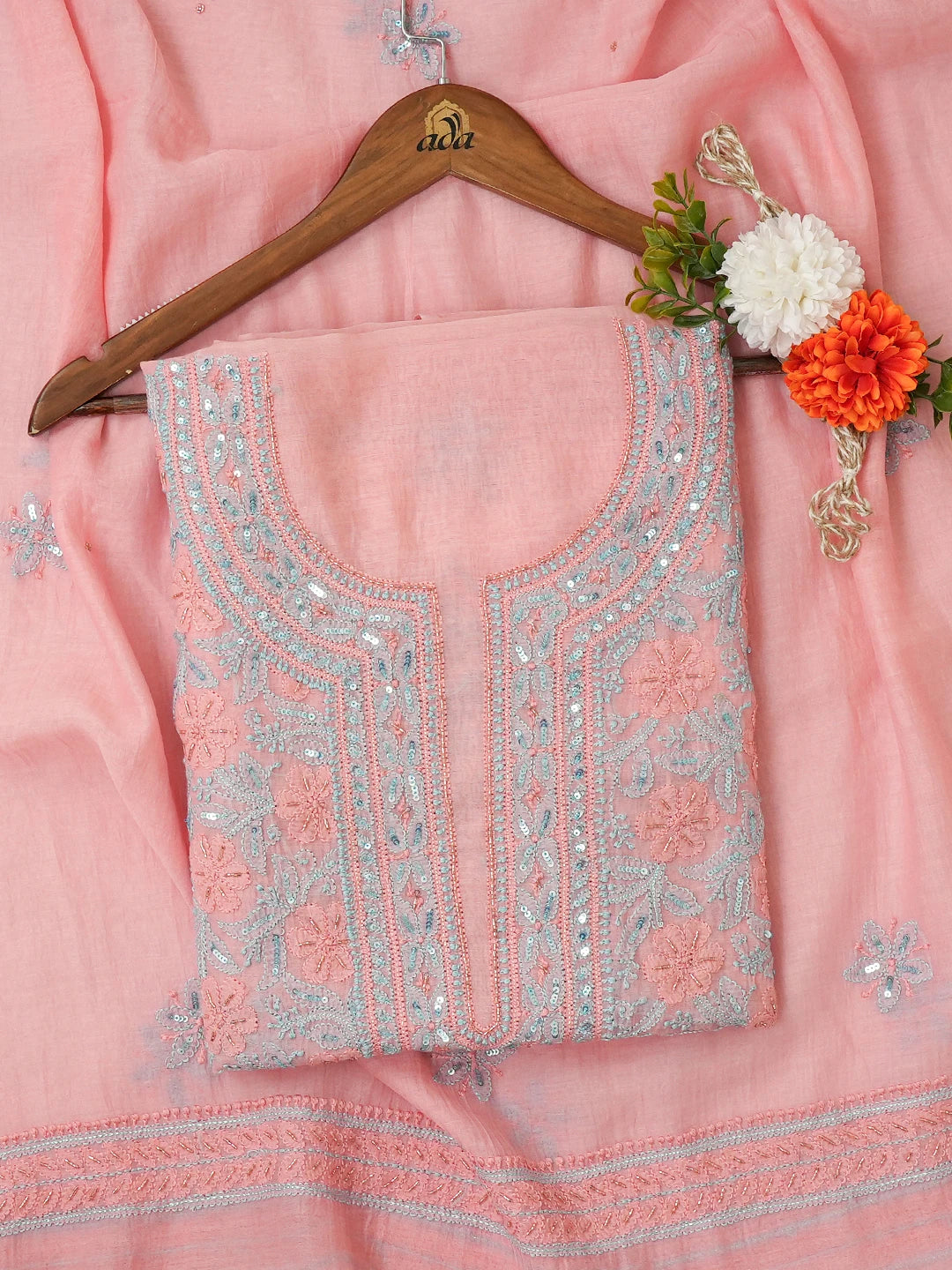 Ada Hand Embroidered Orchid Pink Chanderi Lucknowi Chikankari Unstitched Kurta Dupatta Set With Cutdana Work 01A682708