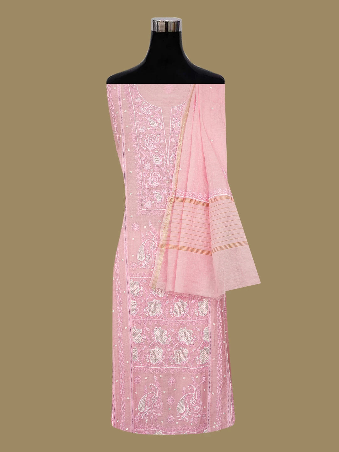 Ada Hand Embroidered Pink Chanderi Lucknowi Chikankari Semi-Stitched Kurta Dupatta Set With Cutdana Work 01A700392