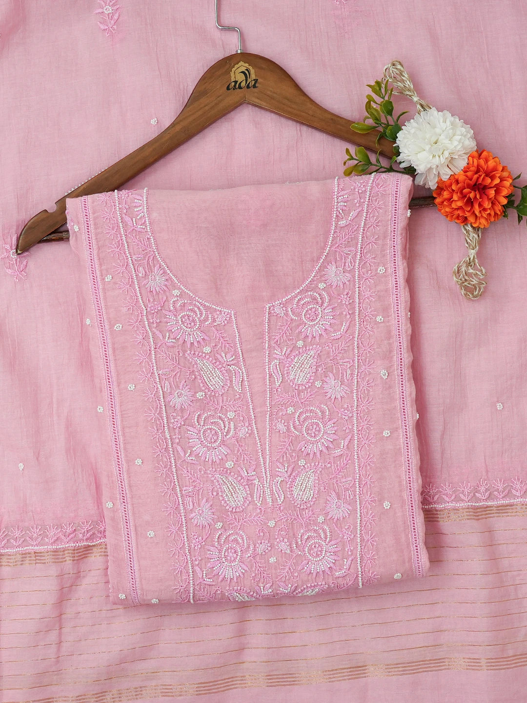 Ada Hand Embroidered Pink Chanderi Lucknowi Chikankari Semi-Stitched Kurta Dupatta Set With Cutdana Work 01A700392